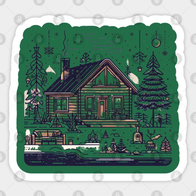 a warm and inviting cabin surrounded by a snowy landscape includes elements like a crackling fireplace, decorated Christmas tree, and perhaps a family or group of friends enjoying the holiday season inside. Sticker by maricetak